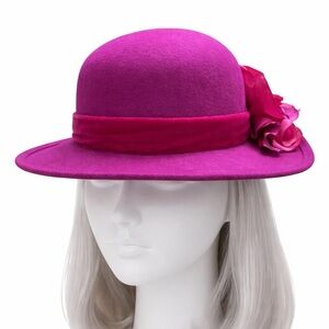 Ruth Shaw Wool Felt Hat Size 7 Magenta Pink Velvet Headband Flower VTG Derby